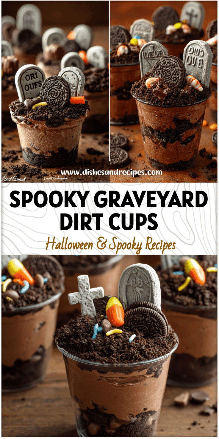 Chocolate pudding dirt cups decorated as Halloween graveyards with cookie tombstones and gummy worms.